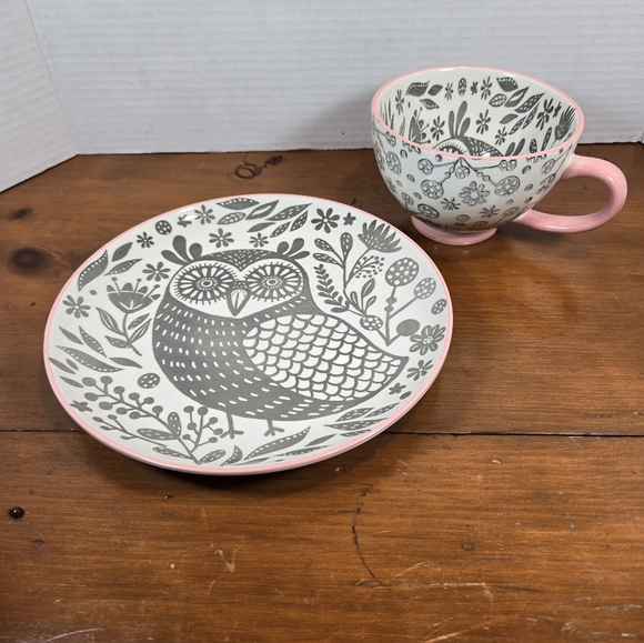 OWL SET World Market Oversized Owl Mug with Matching Saucer Hard To Find Unique - Picture 6 of 9